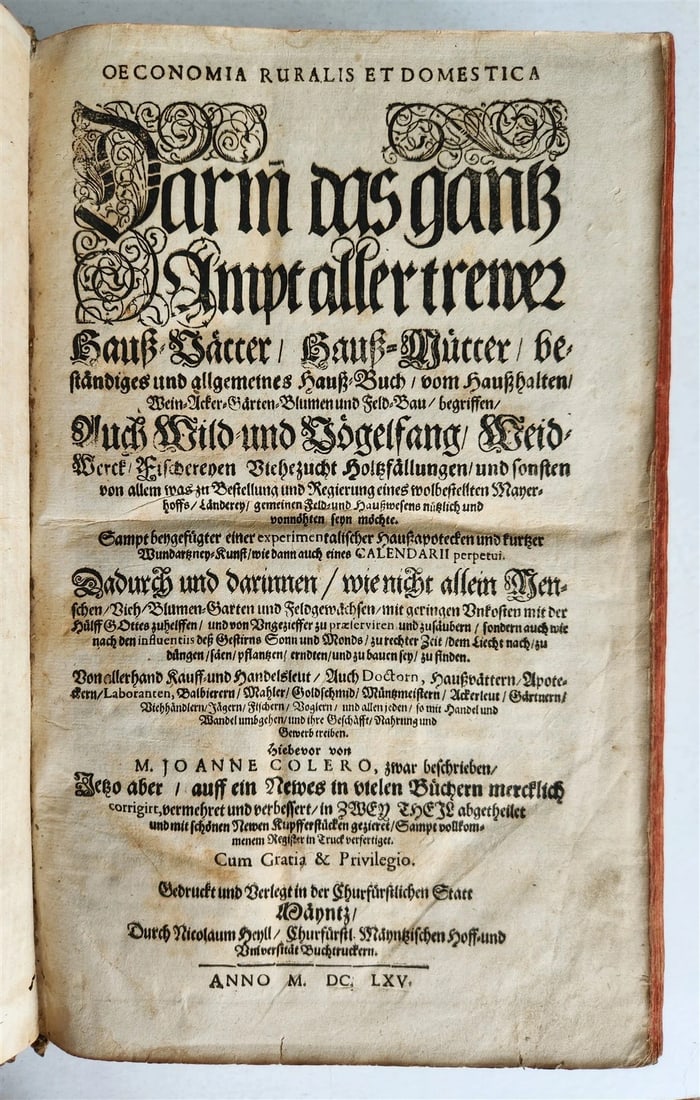 1665 OECONOMIA ILLUSTRATED antique hunting fishing livestock breeding PIGSKIN - 5