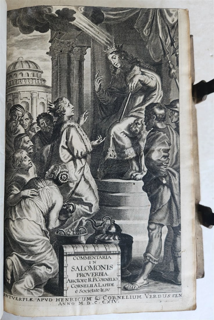 1716 COMMENTARIA in PROVERBIA SALOMONIS PIGSKIN BOUND FOLIO w/ CLASPS antique - 2