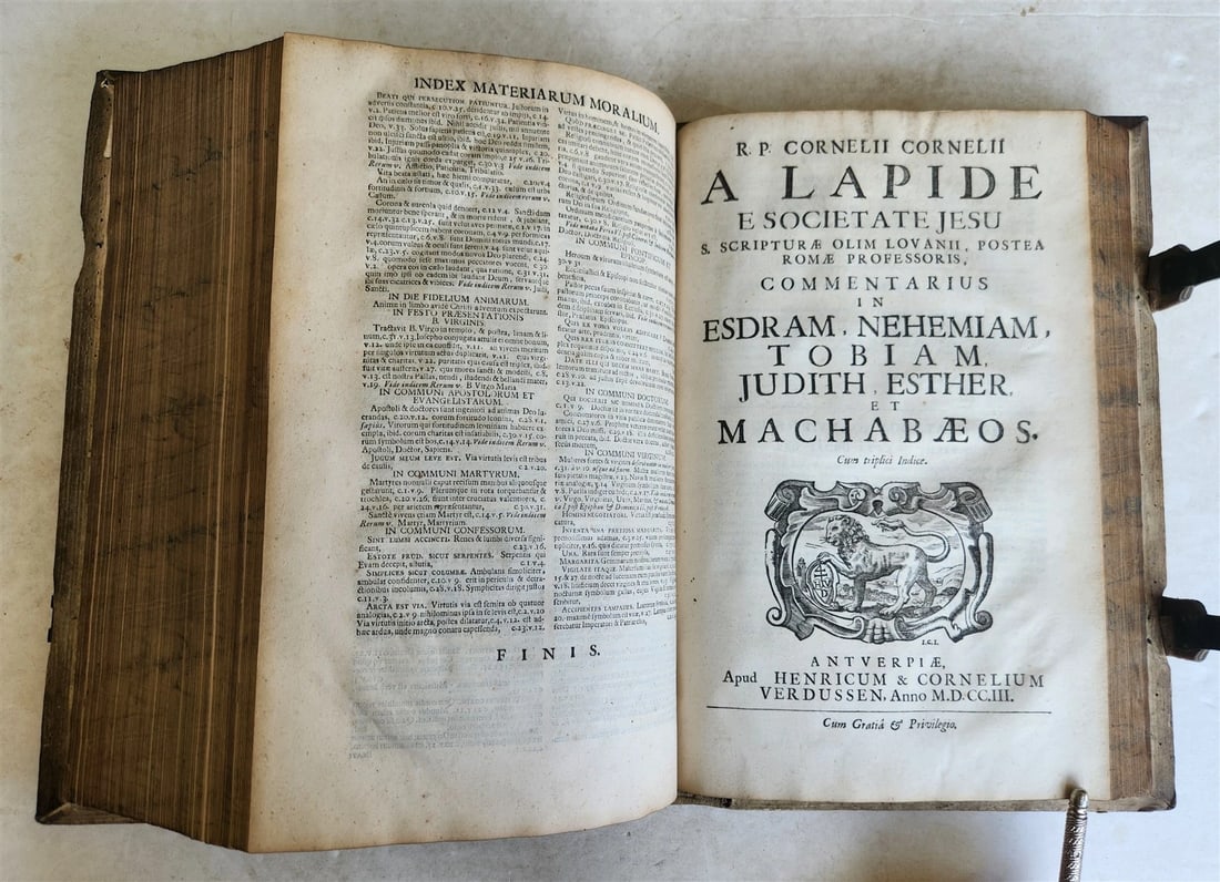 1716 COMMENTARIA in PROVERBIA SALOMONIS PIGSKIN BOUND FOLIO w/ CLASPS antique - 8