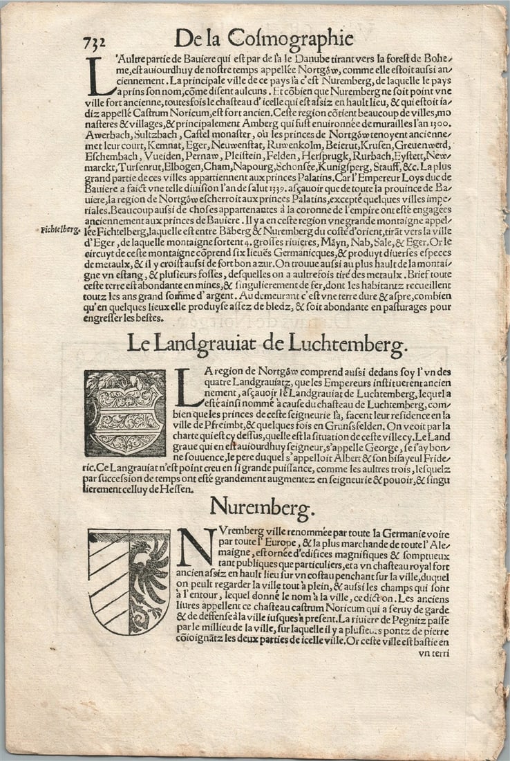 1575 NORDGAU GERMANY VIEW LEAF from BELLEFOREST EDITION of MUNSTER COSMOGRAPHY - 2