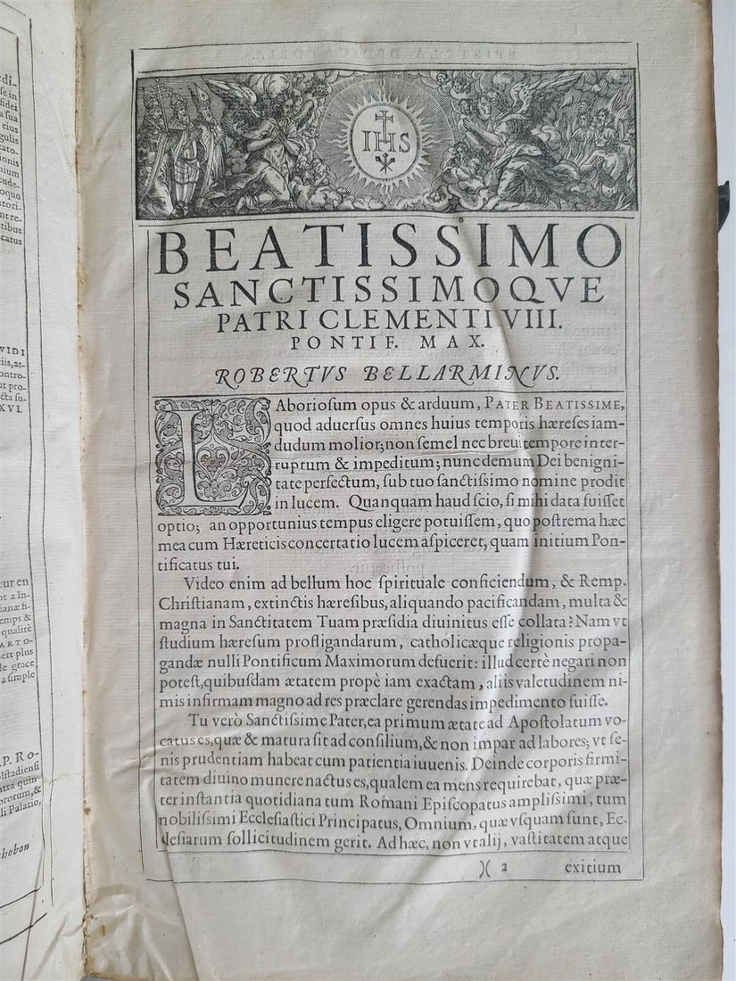 1593 Disputationum Roberti Bellarmini Politiani antique PIGSKIN FOLIO 16th CENT. - 4