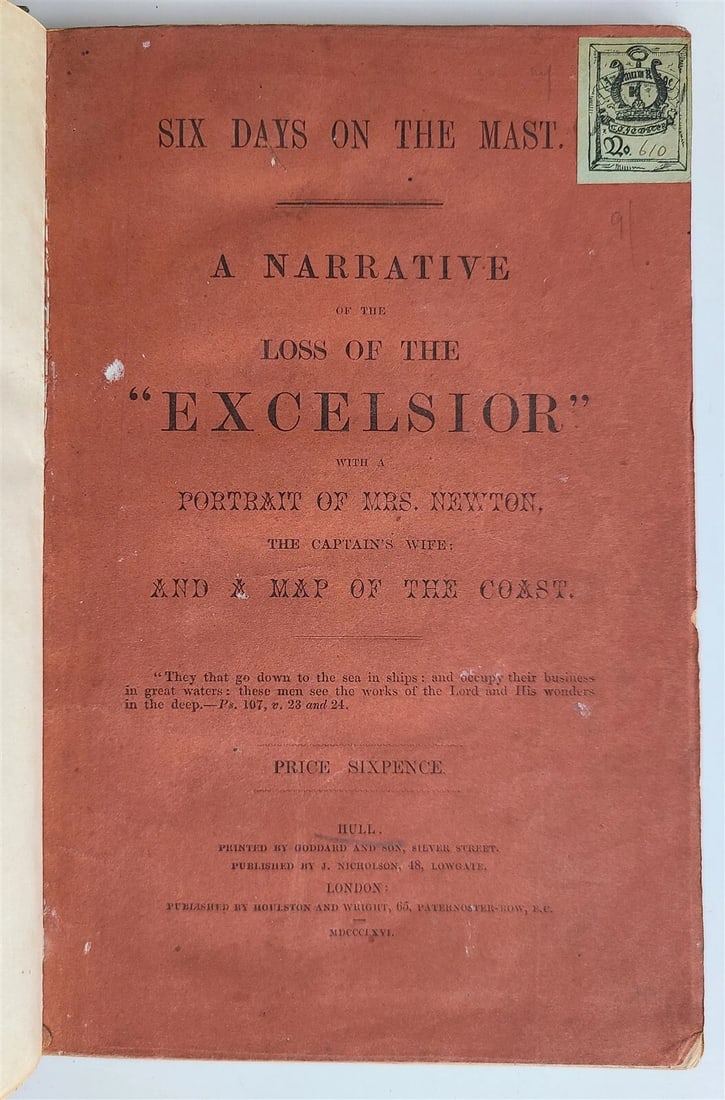 1866 SIX DAYS on THE MAST Narrative of EXCELSIOR LOSS antique BRITISH SHIPWRECK - 2