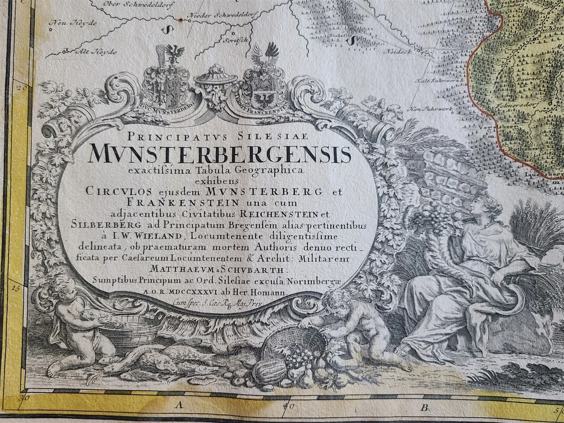 1736 LARGE MAP OF SILESIA POLAND MUNSTERBERGENSIS antique 25 x 4 3/4" - 2