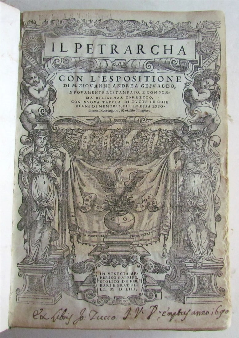 1553 PETRARCH VELLUM BINDING antique Con l'espositione di M. Giovanni Gesualdo (1 of 17)