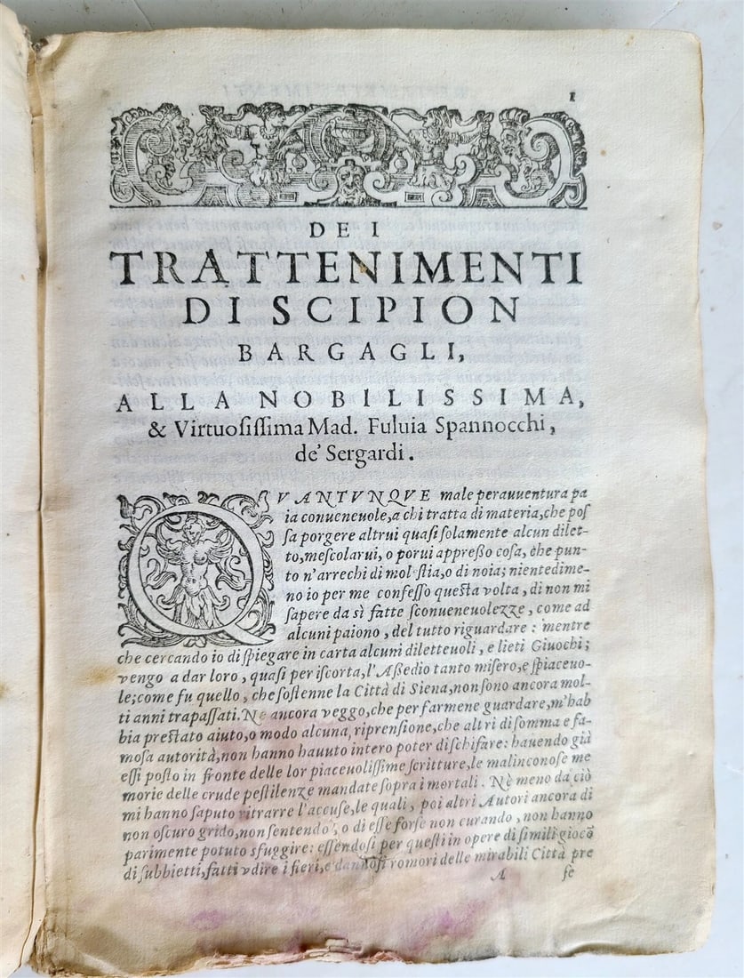 1592 I TRATTENIMENTI DI SCIPION BARGAGLI antique VELLUM BINDING - 3