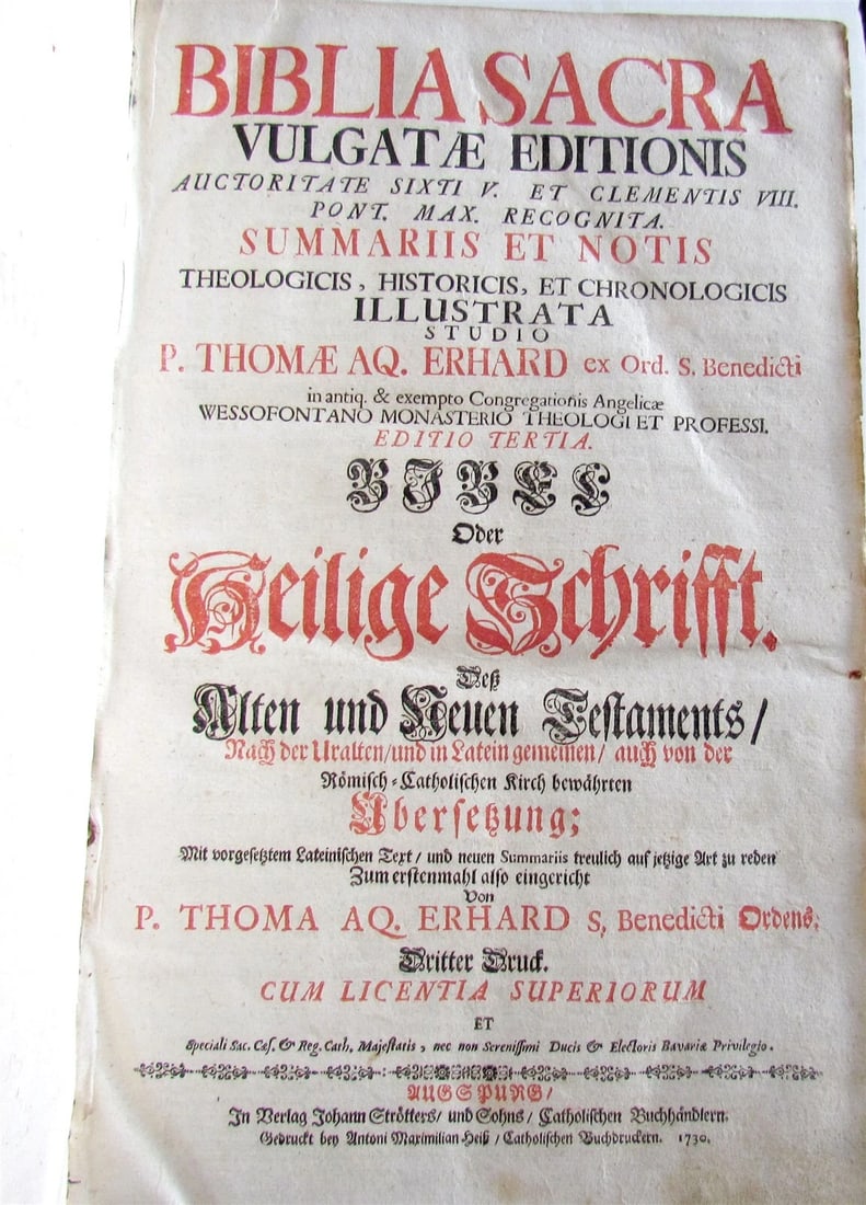 1730 BIBLE 2 volumes LATIN GERMAN BIBLIA antique HAND TOOLED PIGSKIN BOUND FOLIO - 8