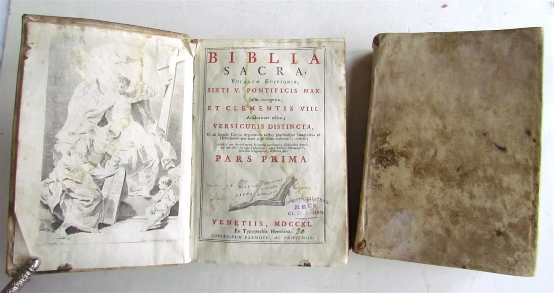 1740 BIBLE ILLUSTRATED 2 VOLUMES OLD TESTAMENT antique VELLUM BINDING in LATIN (1 of 13)
