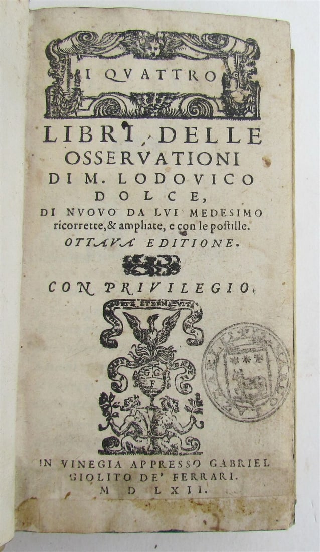 1562 LODOVICO DOLCE LIBRI DELLE OSSERVATIONI ANTIQUE 16th CENTURY vellum binding (1 of 5)