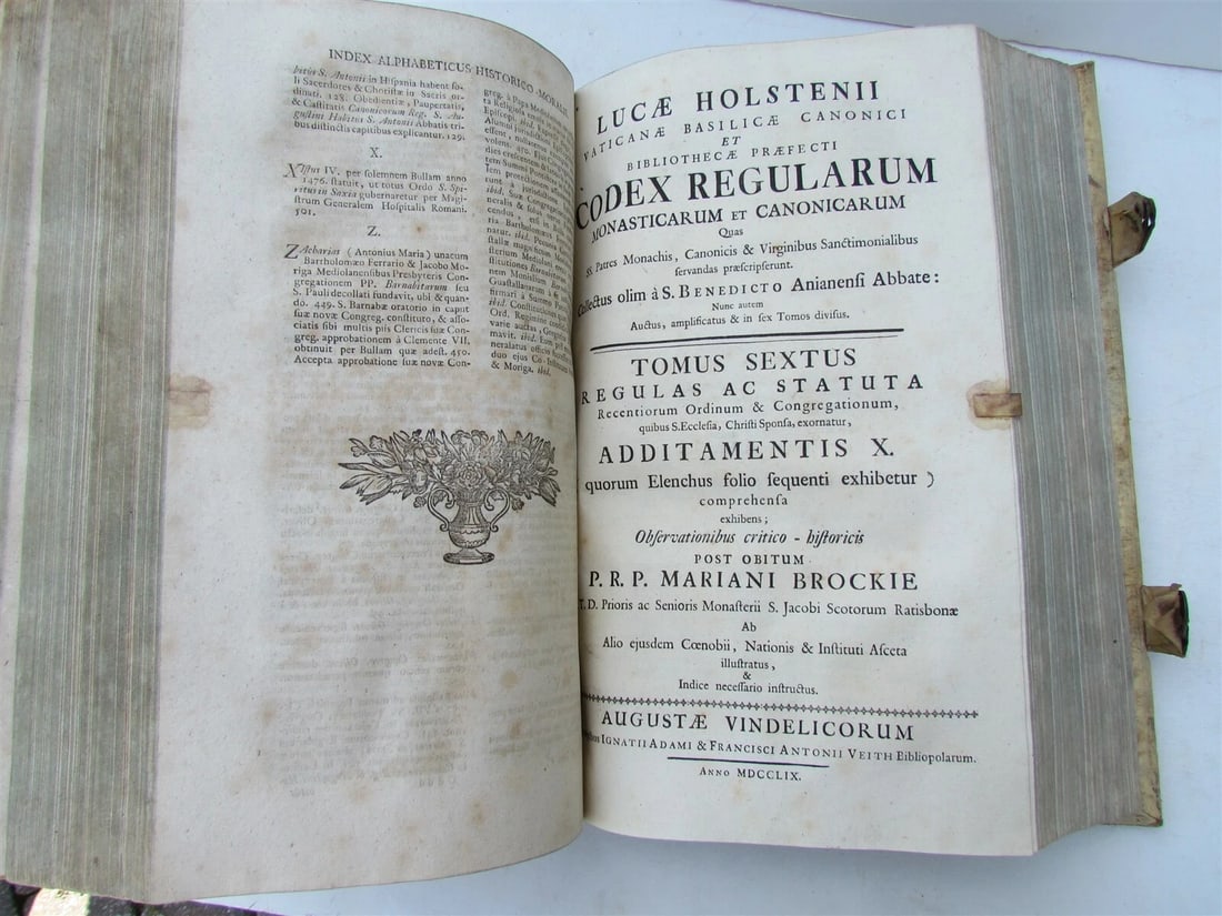 1759 PIGSKIN BOUND ANTIQUE FOLIO MONASTIC LIFE Codex Regularum by L. Holstenii - 8