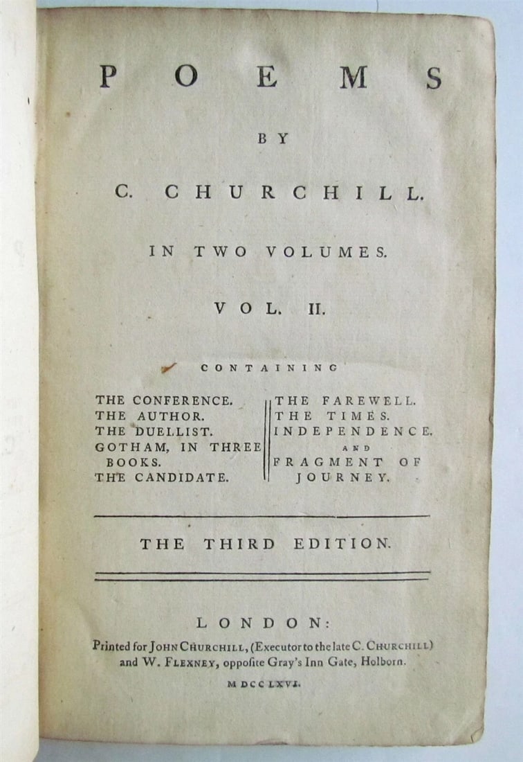 1766 2 VOLUMES POEMS by C. CHURCHILL antique leather bound books - 4