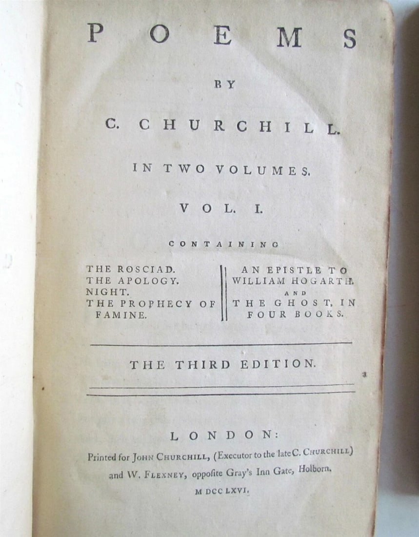 1766 2 VOLUMES POEMS by C. CHURCHILL antique leather bound books - 5