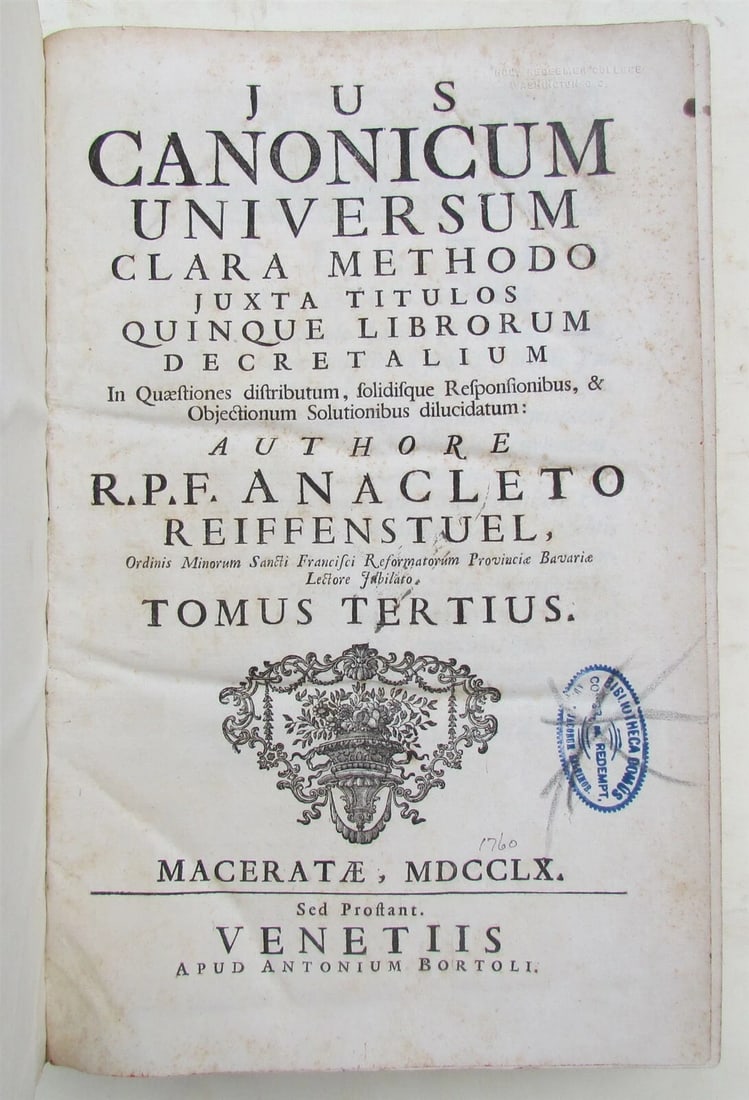 1760 VELLUM BINDING FOLIO JUS CANONICUM UNIVERSUM ANACLETO REIFFENSTUEL ANTIQUE - 4
