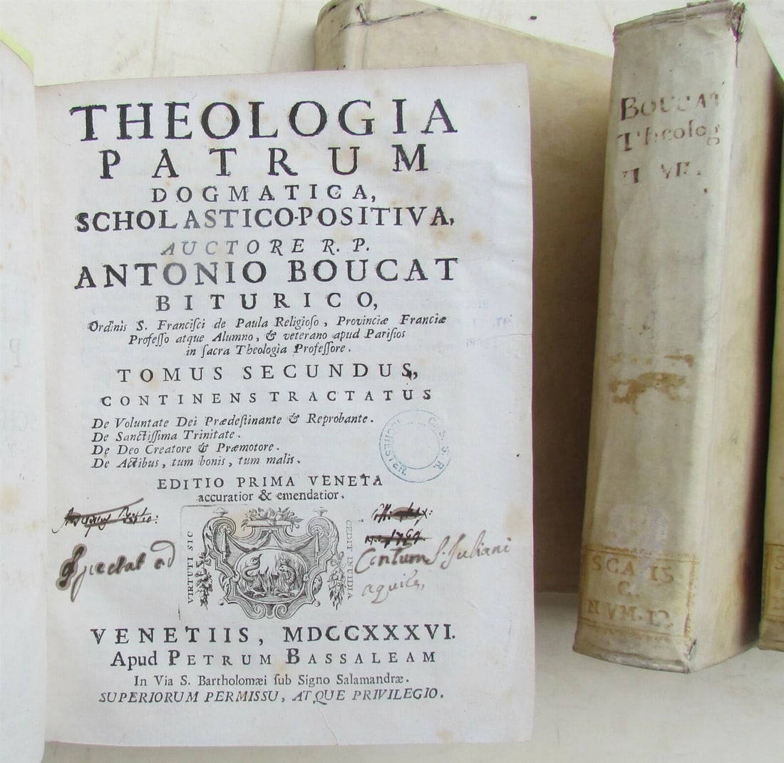1736 VELLUM BINDING 7 VOLUMES LOT THEOLOGIA PATRUM by ANTONIO BOUCAT ANTIQUE - 5