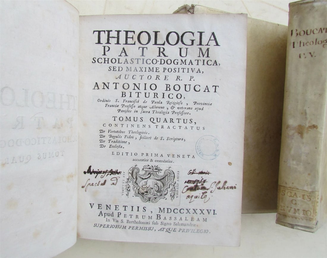 1736 VELLUM BINDING 7 VOLUMES LOT THEOLOGIA PATRUM by ANTONIO BOUCAT ANTIQUE - 6