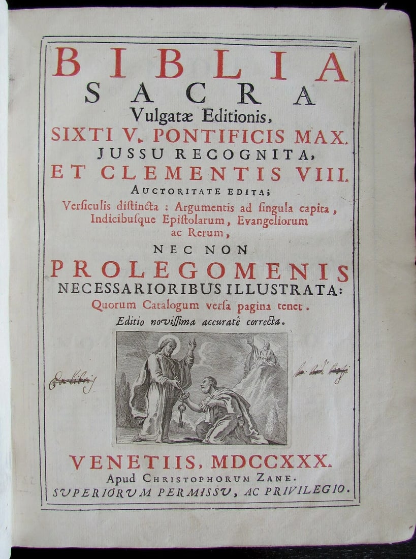 1730 BIBLIA in LATIN VELLUM BOUND 2 VOLUMES PRINTED IN VENICE ANTIQUE HOLY BIBLE: Title: 1730 BIBLIA in LATIN VELLUM BOUND 2 VOLUMES PRINTED IN VENICE ANTIQUE HOLY BIBLE Description: Size 7.5 by 9.5 inches Good condition, some wear appropriate for the age Reserve: $455.00 Shipping
