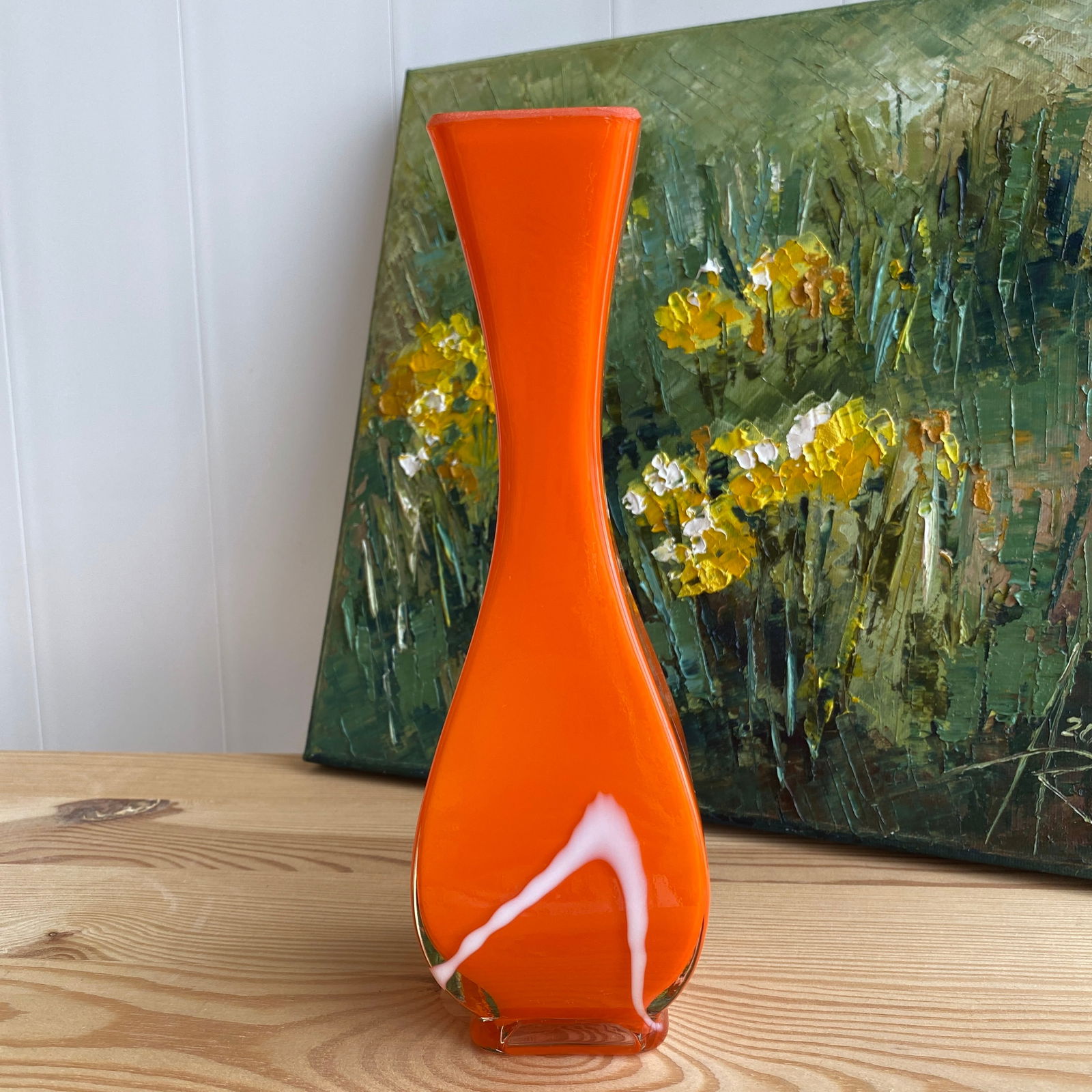 Orange Antique Vase: Title: Orange Antique Vase Maker:Unknown Origin: Unknown Date/Period:20th century Materials:Blown Glass Size:Size: 6.5 x 6.5 x 20 cm Description:Orange VaseSize: 6.5 x 6.5 x 20 cmWeight: 361 g (please