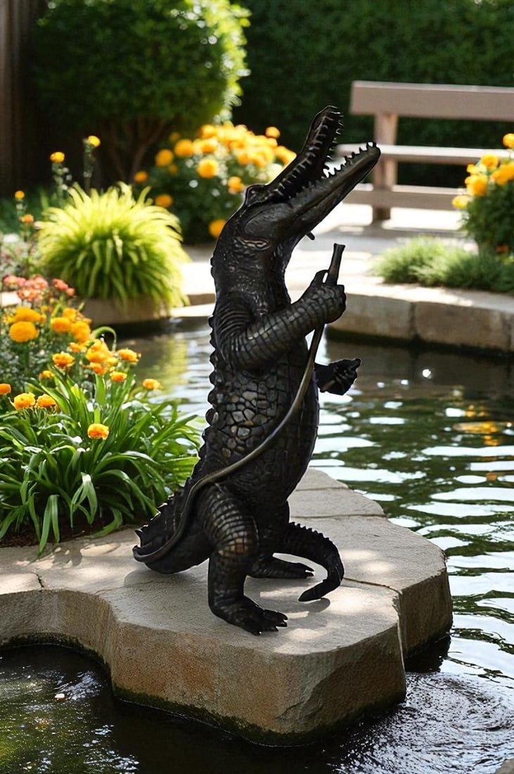 Alligator having fun bronze statue - fountain - Size: 15"L x 15"W x 31"H. - 2