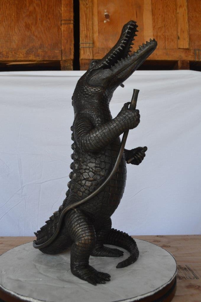 Alligator having fun bronze statue - fountain - Size: 15"L x 15"W x 31"H. - 3