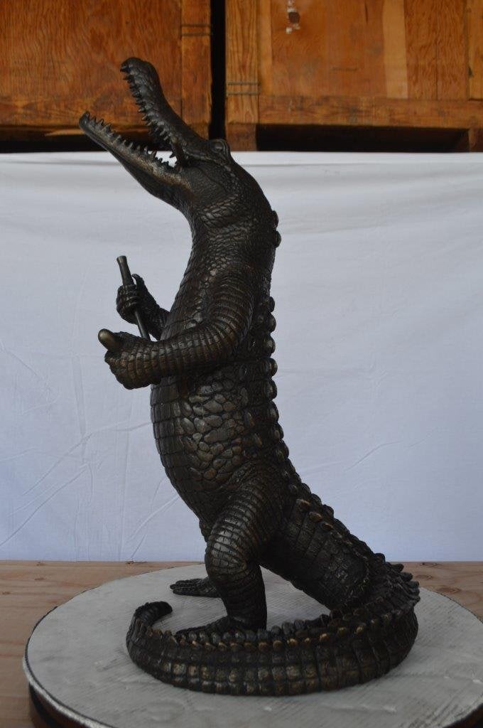 Alligator having fun bronze statue - fountain - Size: 15"L x 15"W x 31"H. - 7