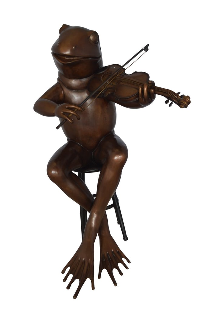 Human-Size Bronze Frog Playing Violin Statue – Whimsical Animal Musician Sculpture on Chair, (1 of 13)
