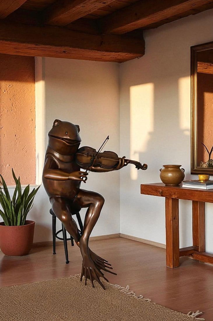 Human-Size Bronze Frog Playing Violin Statue – Whimsical Animal Musician Sculpture on Chair, - 2