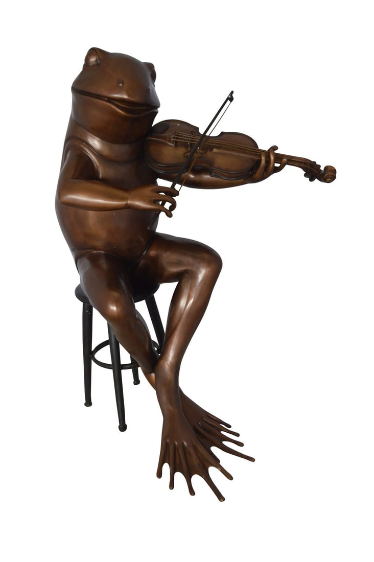 Human-Size Bronze Frog Playing Violin Statue – Whimsical Animal Musician Sculpture on Chair, - 3