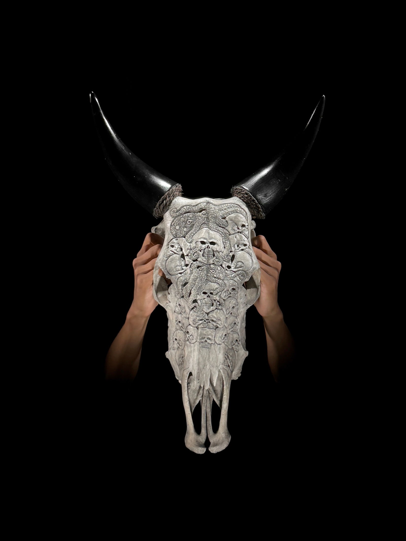 Stunning carved grey cow skull - Human skulls octopus motif (1 of 10)