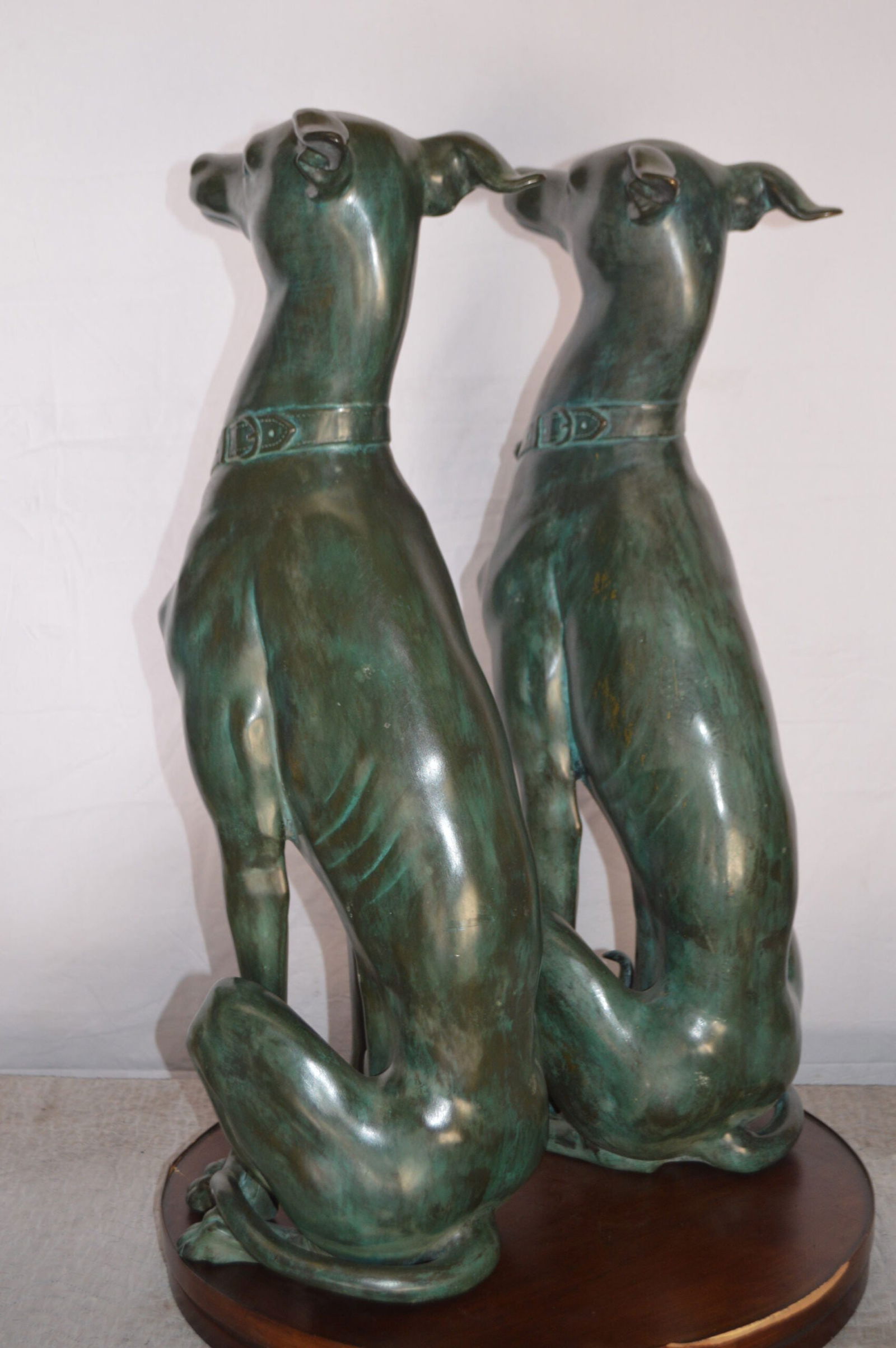 Pair of Greyhound dogs sitting Bronze Statue - Size: 12"L x 12"W x 35"H. - 10