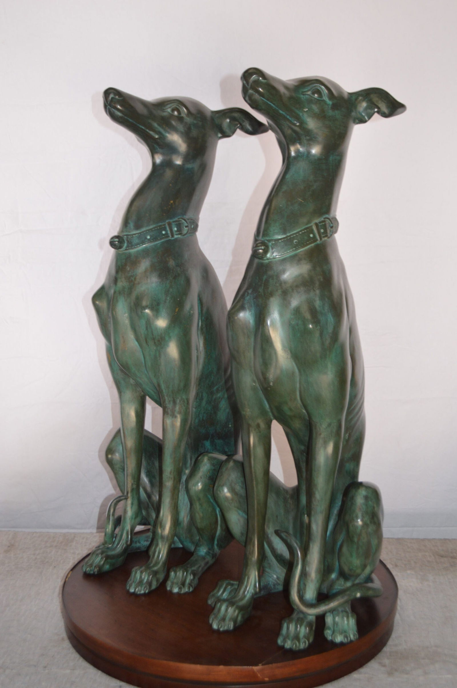 Pair of Greyhound dogs sitting Bronze Statue - Size: 12"L x 12"W x 35"H. - 12