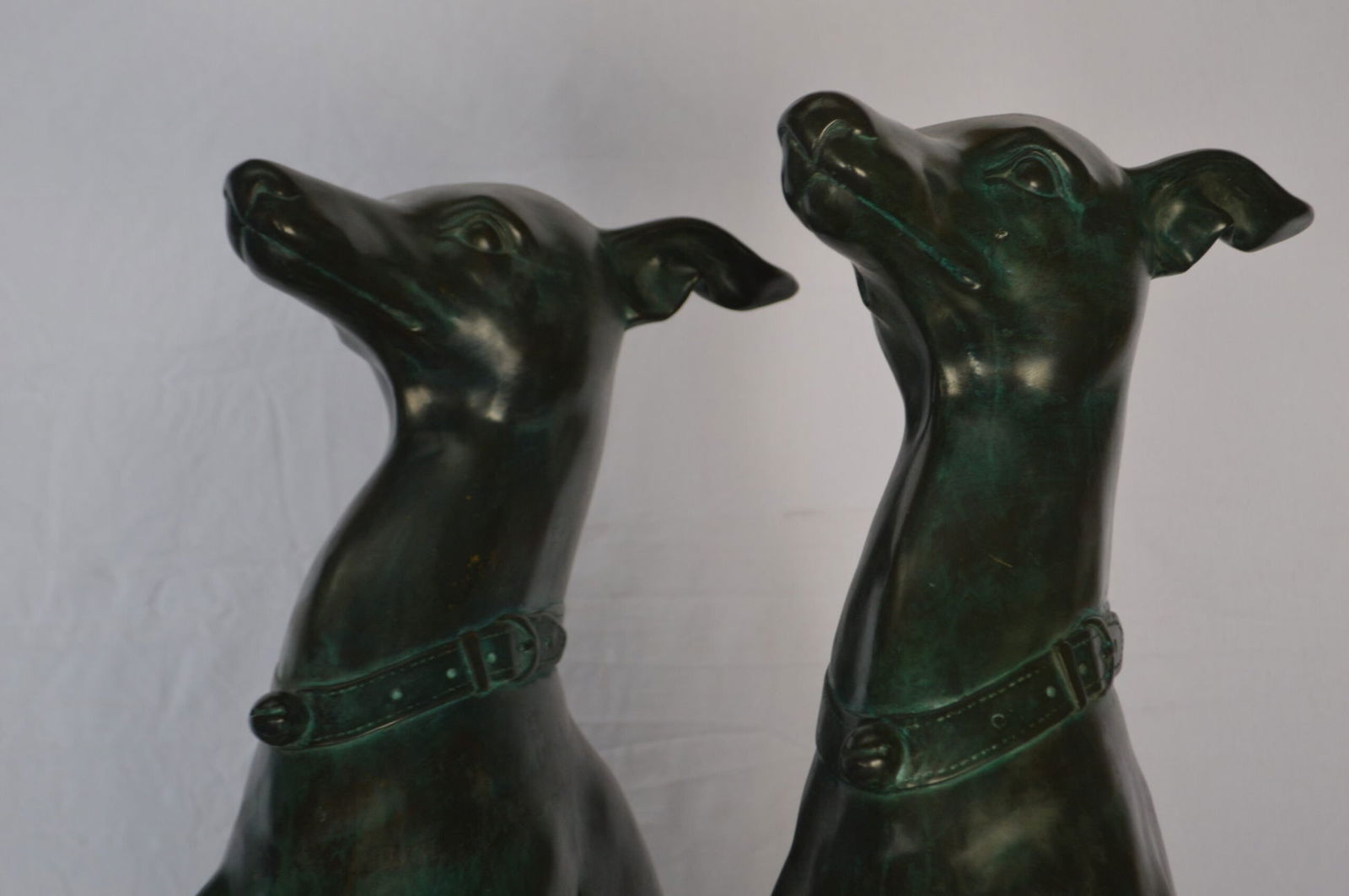 Pair of Greyhound dogs sitting Bronze Statue - Size: 12"L x 12"W x 35"H. - 13
