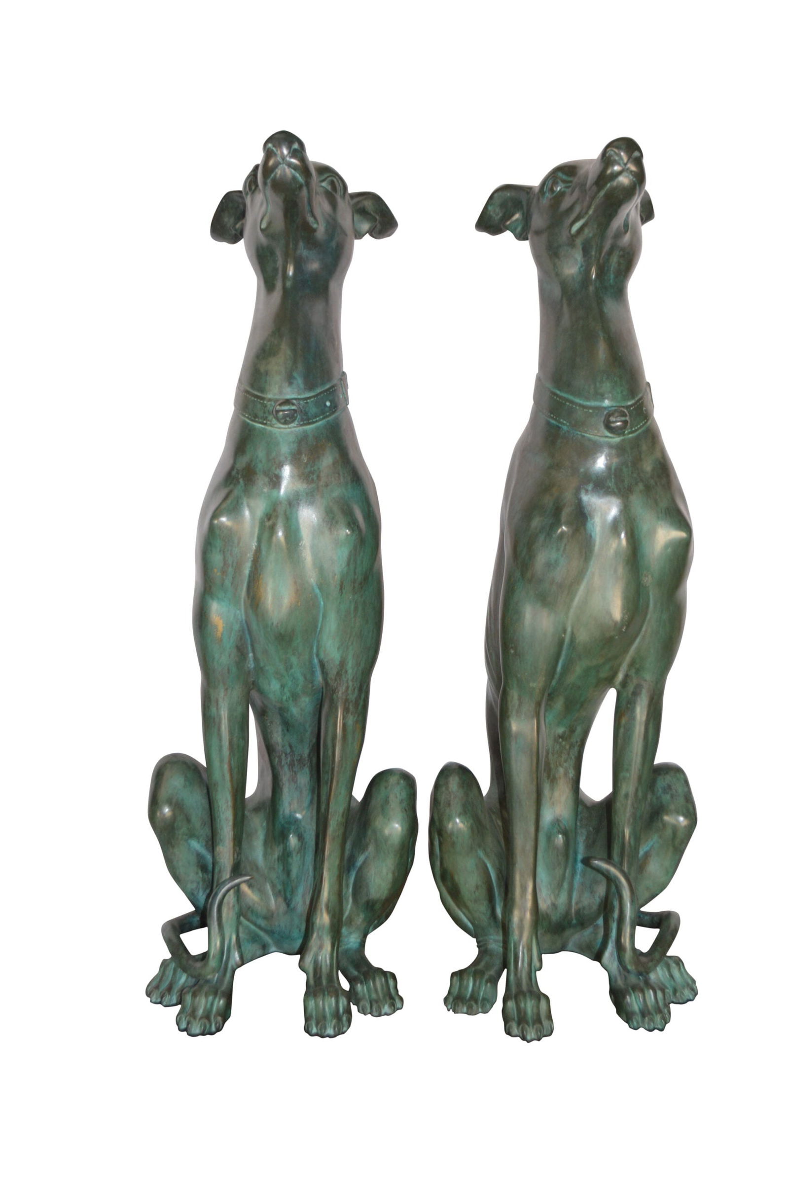 Pair of Greyhound dogs sitting Bronze Statue - Size: 12"L x 12"W x 35"H.: Title:Pair of Greyhound dogs sitting Bronze Statue - Size: 12"L x 12"W x 35"H.Description:This charming life size bronze statue depicts Beautiful pair of Greyhound dogs sitting on the ground. The