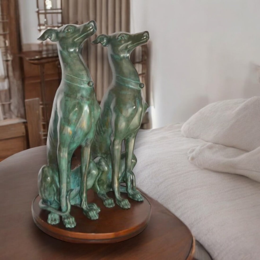 Pair of Greyhound dogs sitting Bronze Statue - Size: 12"L x 12"W x 35"H. - 2