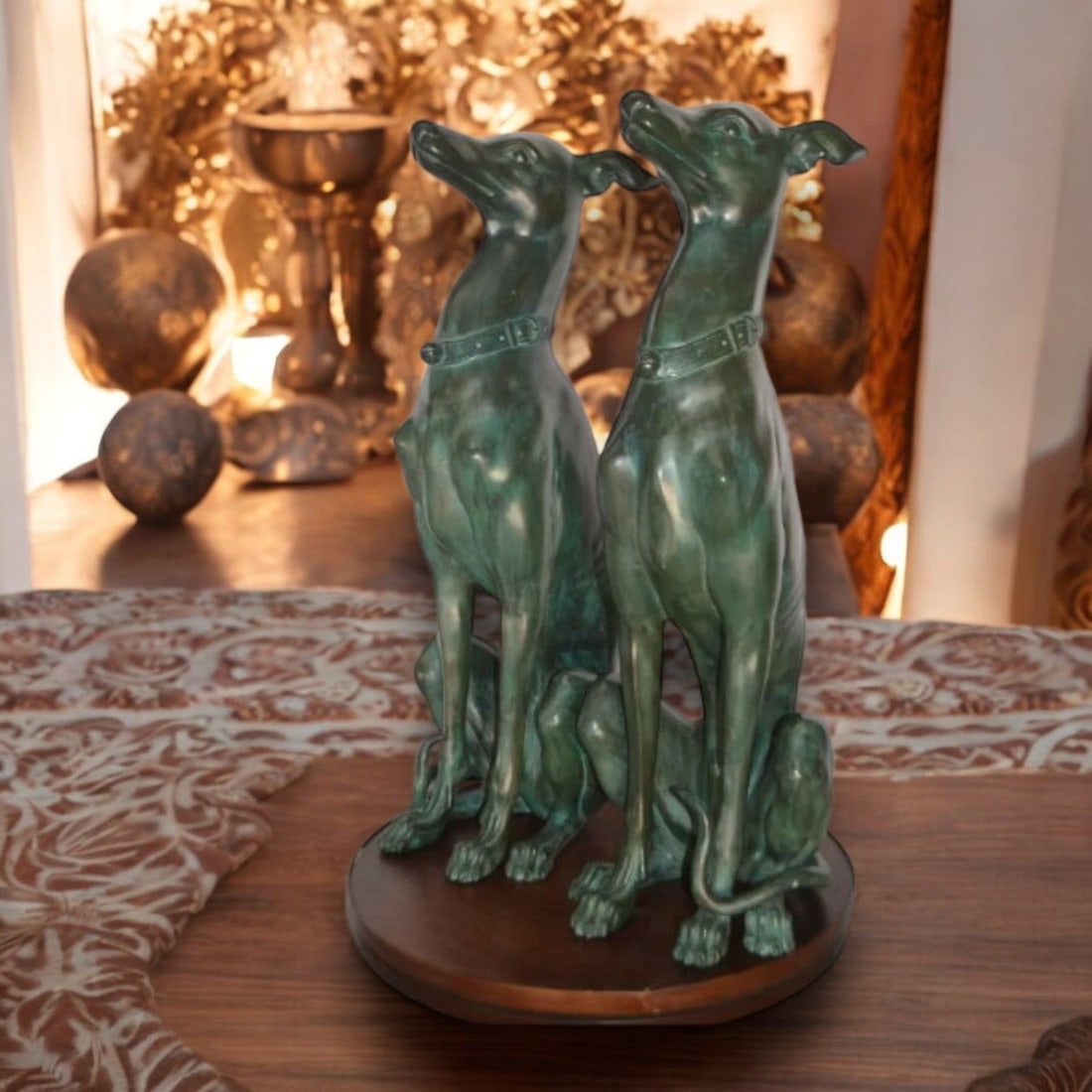 Pair of Greyhound dogs sitting Bronze Statue - Size: 12"L x 12"W x 35"H. - 3