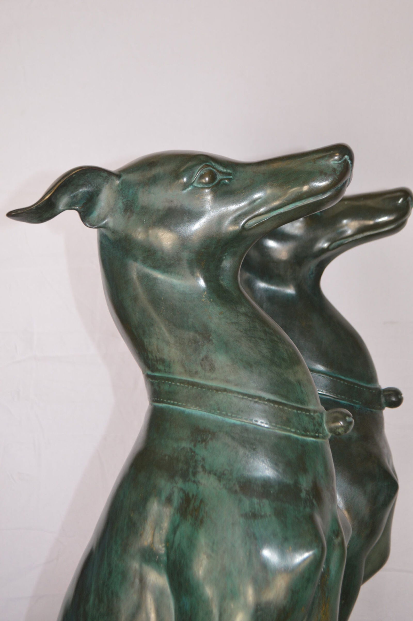 Pair of Greyhound dogs sitting Bronze Statue - Size: 12"L x 12"W x 35"H. - 6