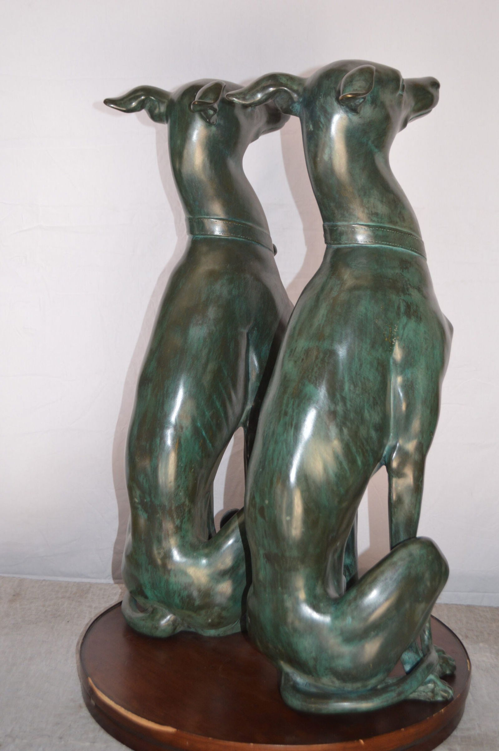 Pair of Greyhound dogs sitting Bronze Statue - Size: 12"L x 12"W x 35"H. - 8