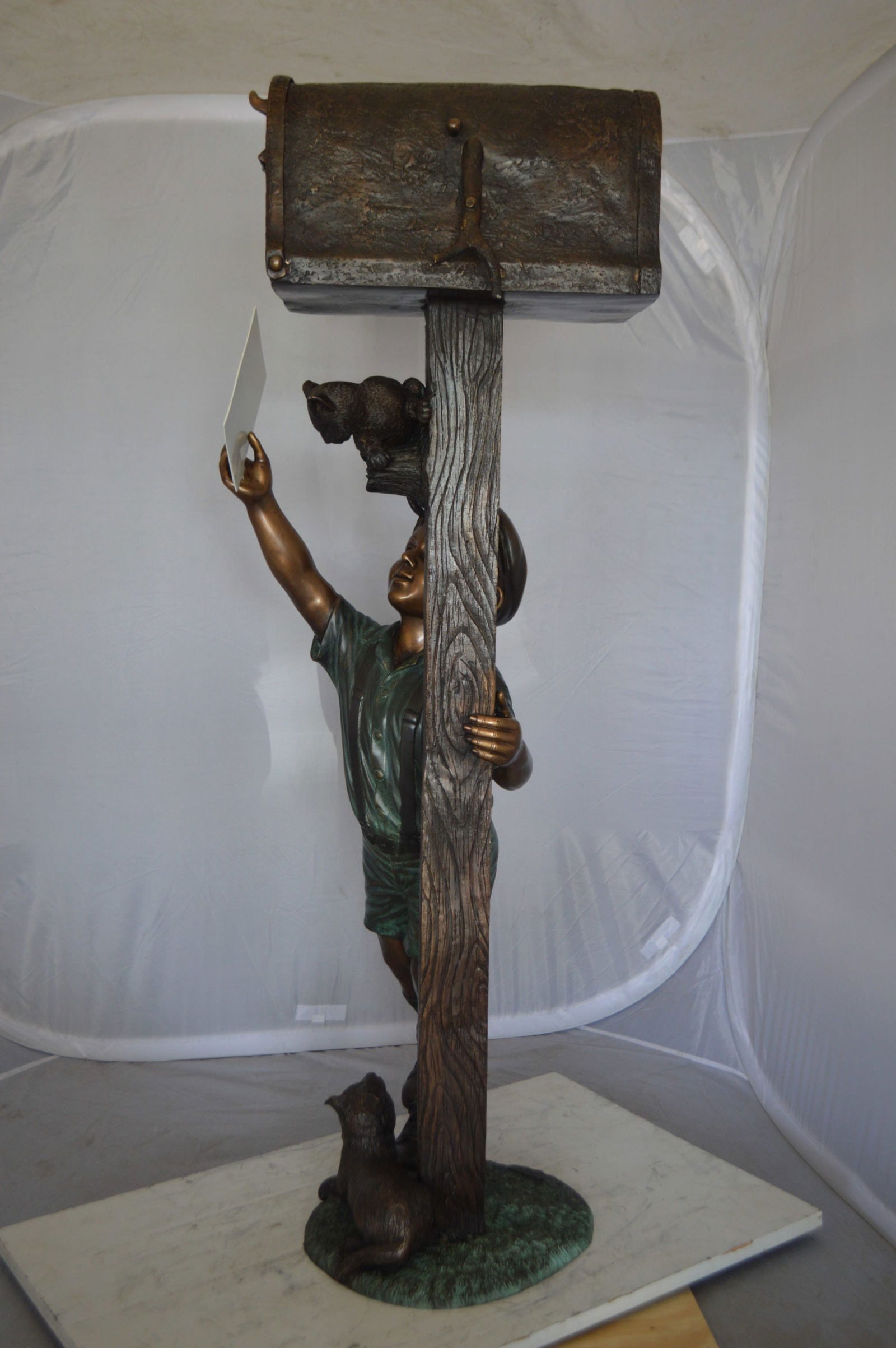 Standing Boy by Mailbox with Two cats Bronze Statue - 23"x 19"x 50"H. - 11
