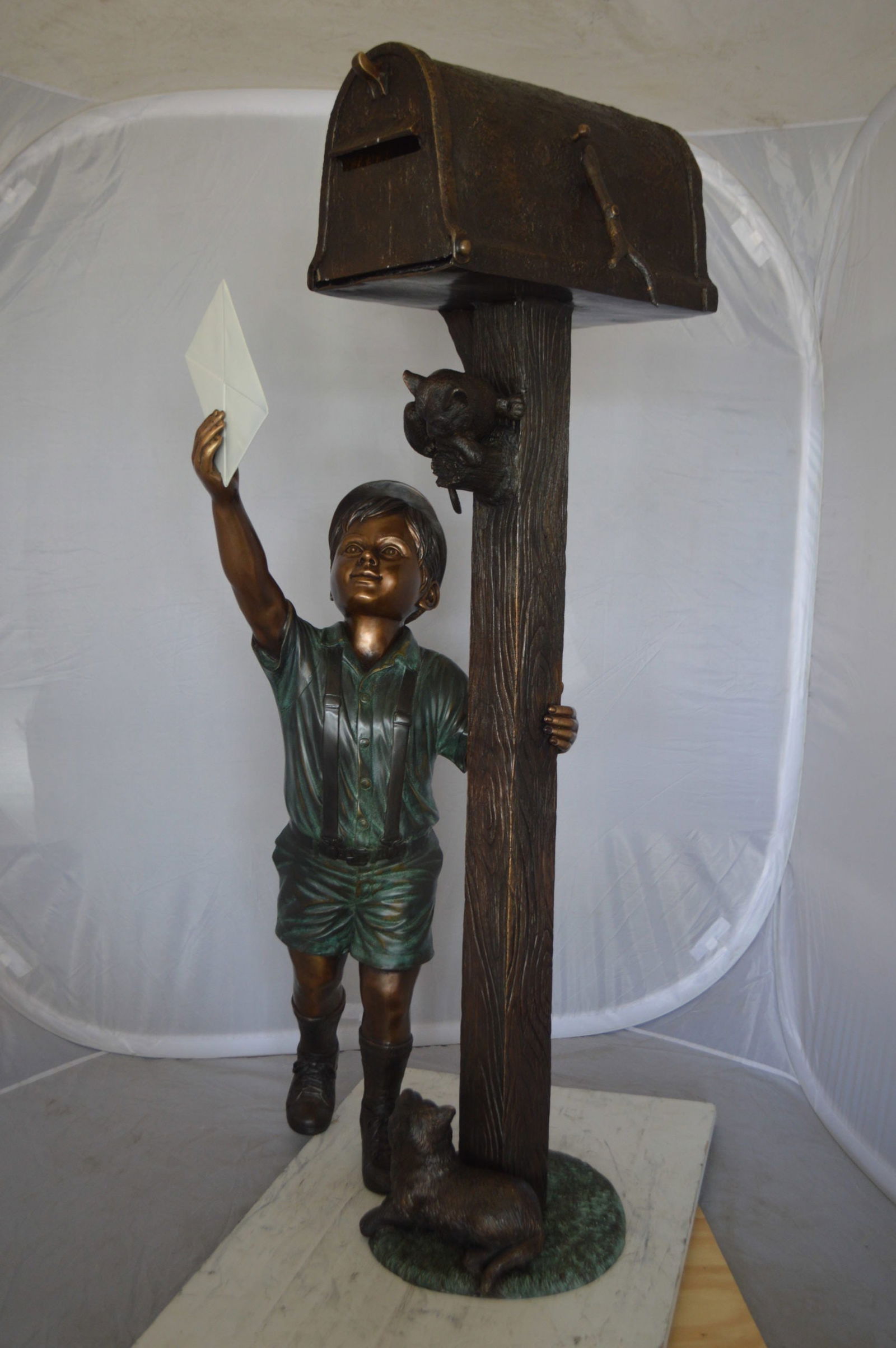 Standing Boy by Mailbox with Two cats Bronze Statue - 23"x 19"x 50"H. - 12