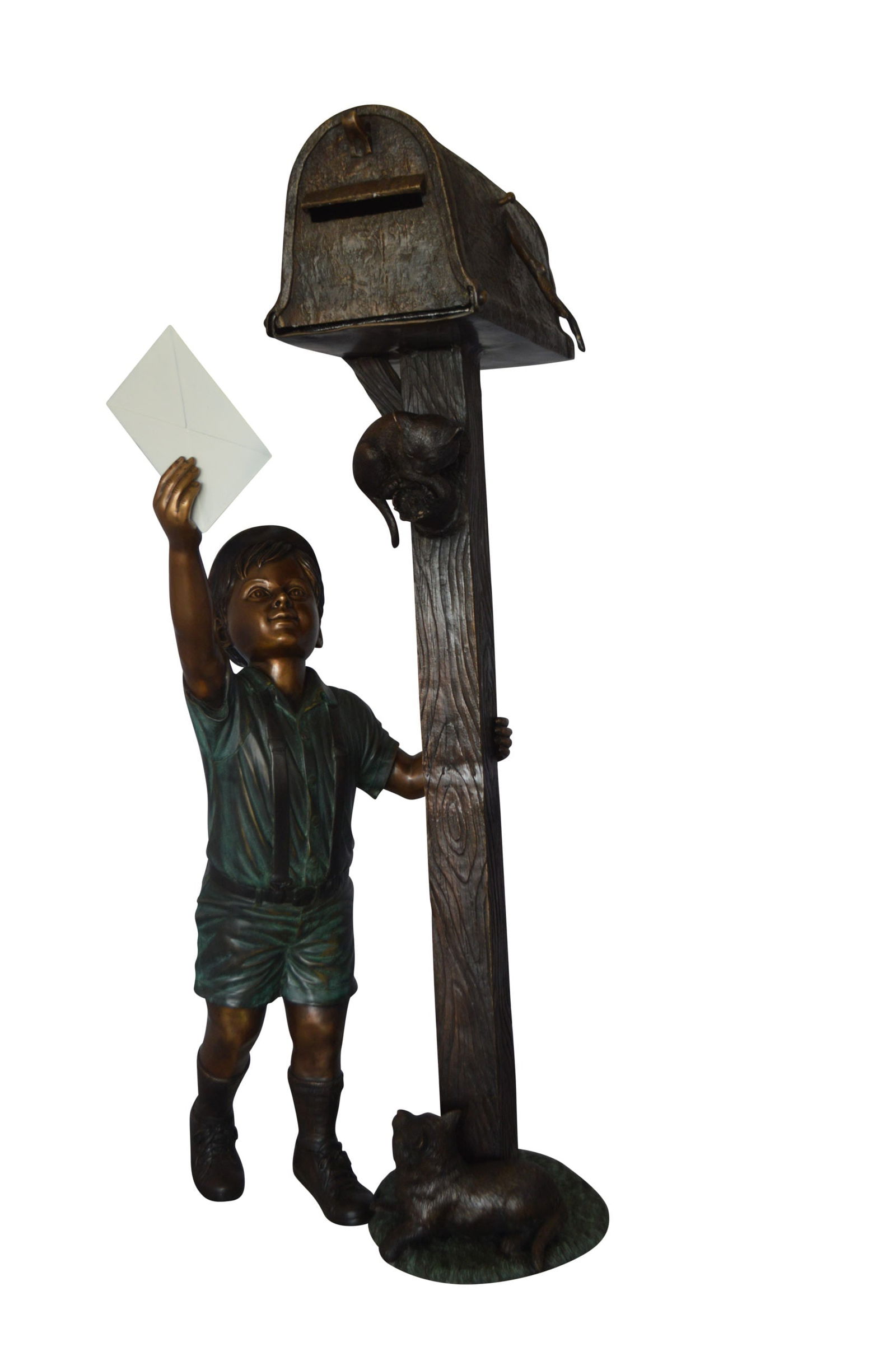 Standing Boy by Mailbox with Two cats Bronze Statue - 23"x 19"x 50"H. (1 of 13)