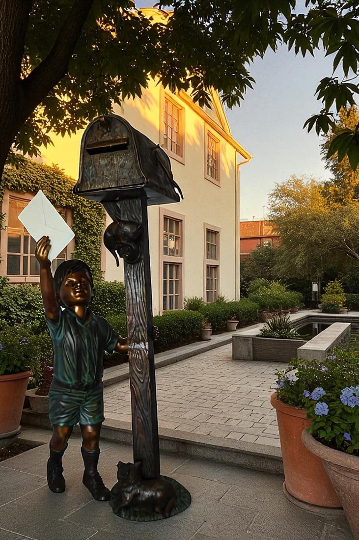 Standing Boy by Mailbox with Two cats Bronze Statue - 23"x 19"x 50"H. - 2