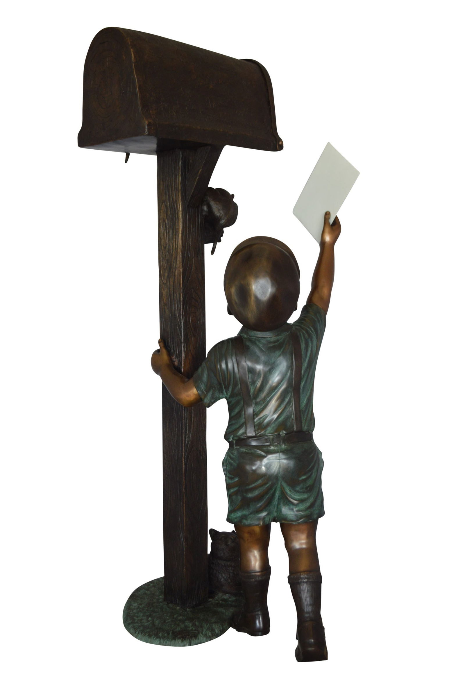 Standing Boy by Mailbox with Two cats Bronze Statue - 23"x 19"x 50"H. - 3