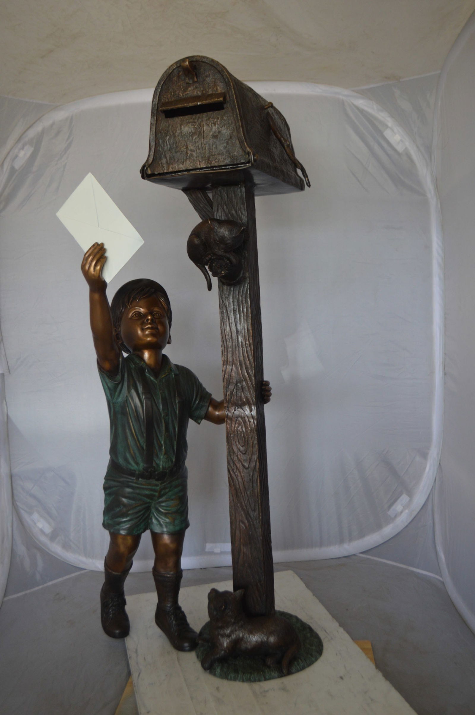 Standing Boy by Mailbox with Two cats Bronze Statue - 23"x 19"x 50"H. - 4
