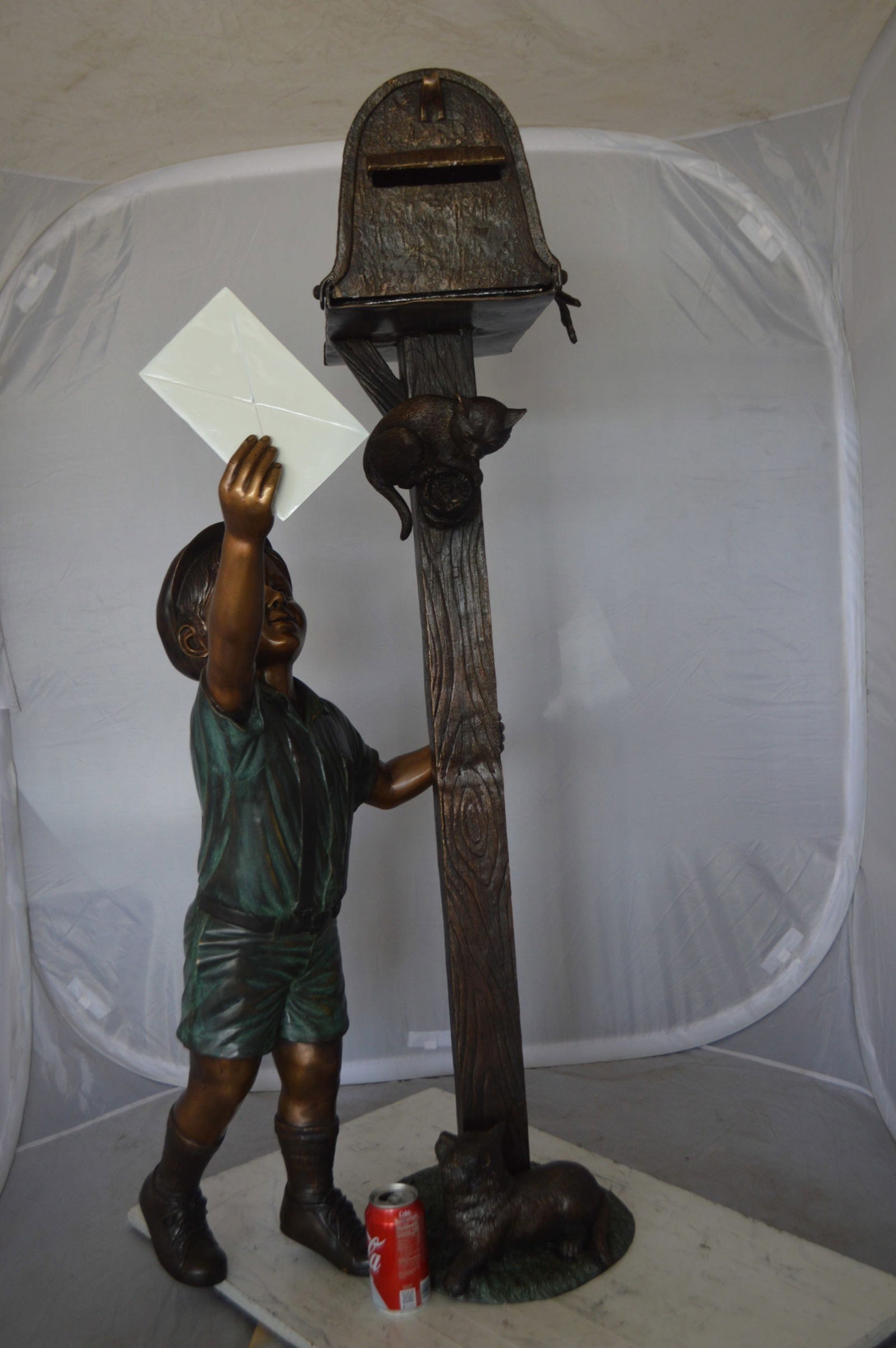 Standing Boy by Mailbox with Two cats Bronze Statue - 23"x 19"x 50"H. - 5