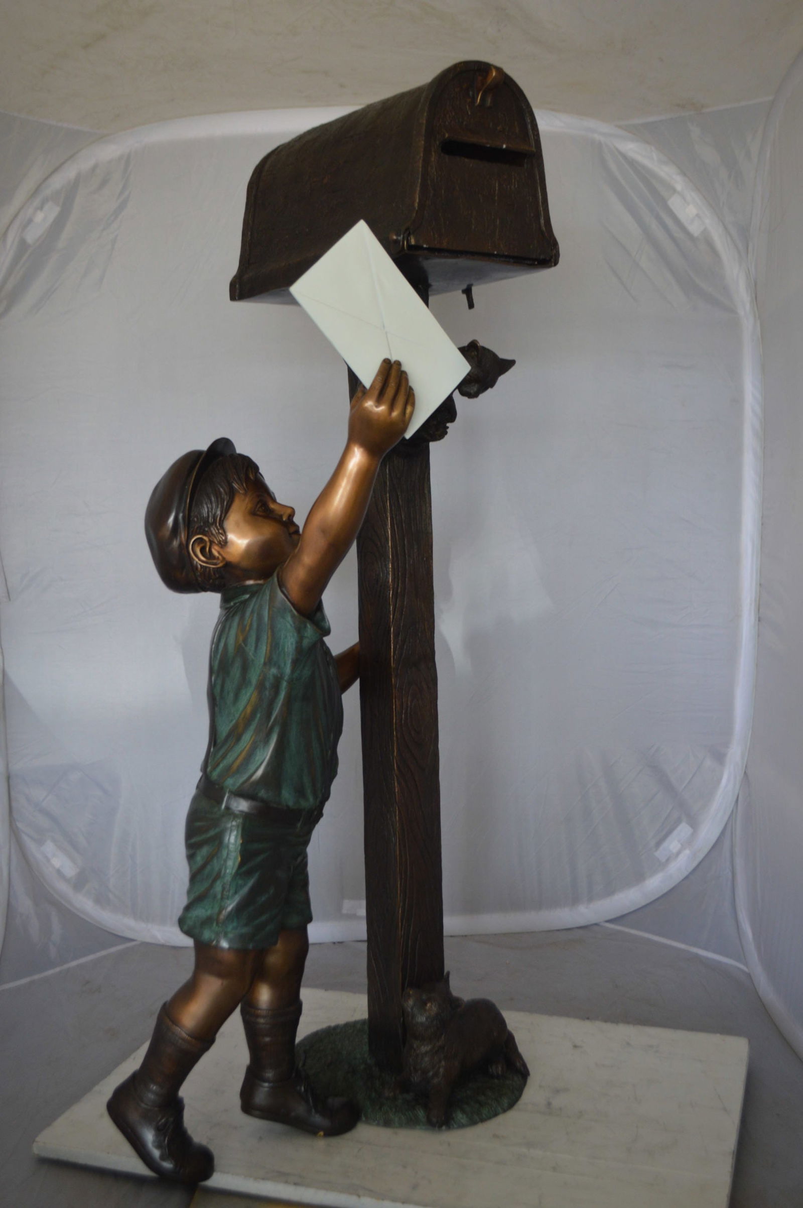 Standing Boy by Mailbox with Two cats Bronze Statue - 23"x 19"x 50"H. - 6