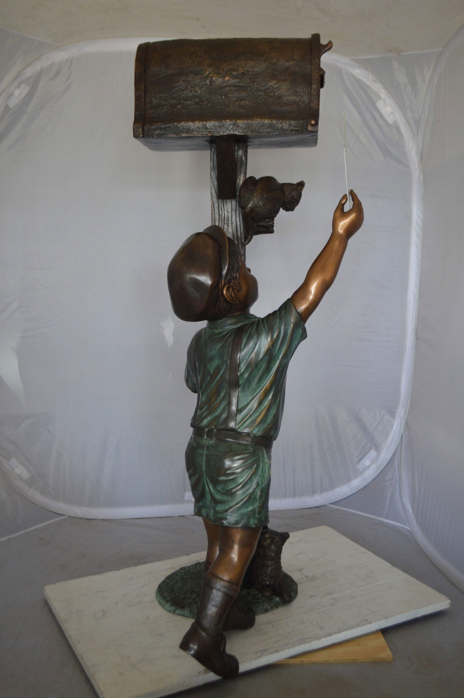 Standing Boy by Mailbox with Two cats Bronze Statue - 23"x 19"x 50"H. - 7