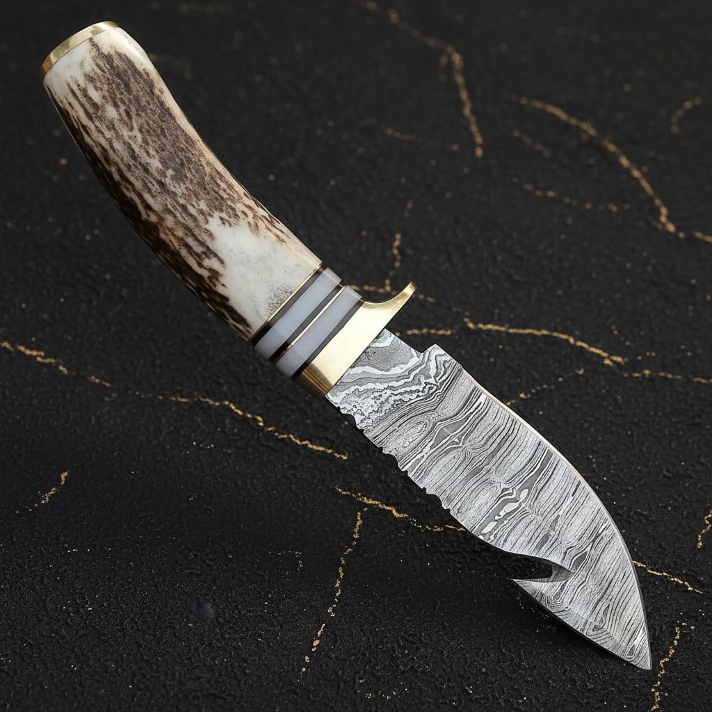 8" Custom Forged Hunting Knife with a Damascus Steel Gut Hook Blade and Stag Handle (1 of 4)