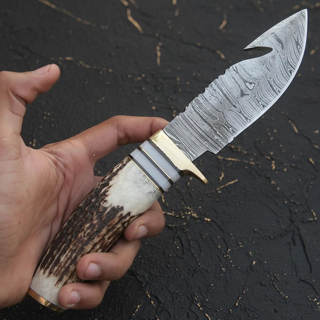 8" Custom Forged Hunting Knife with a Damascus Steel Gut Hook Blade and Stag Handle - 2