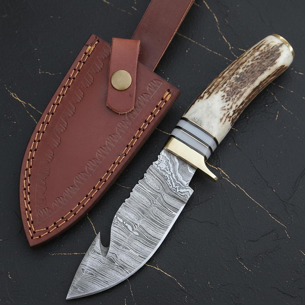 8" Custom Forged Hunting Knife with a Damascus Steel Gut Hook Blade and Stag Handle - 3