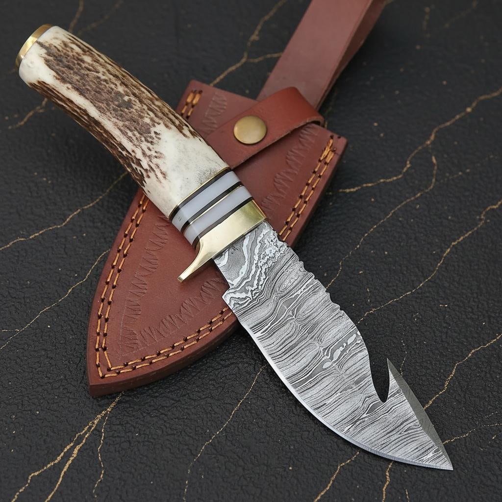 8" Custom Forged Hunting Knife with a Damascus Steel Gut Hook Blade and Stag Handle - 4