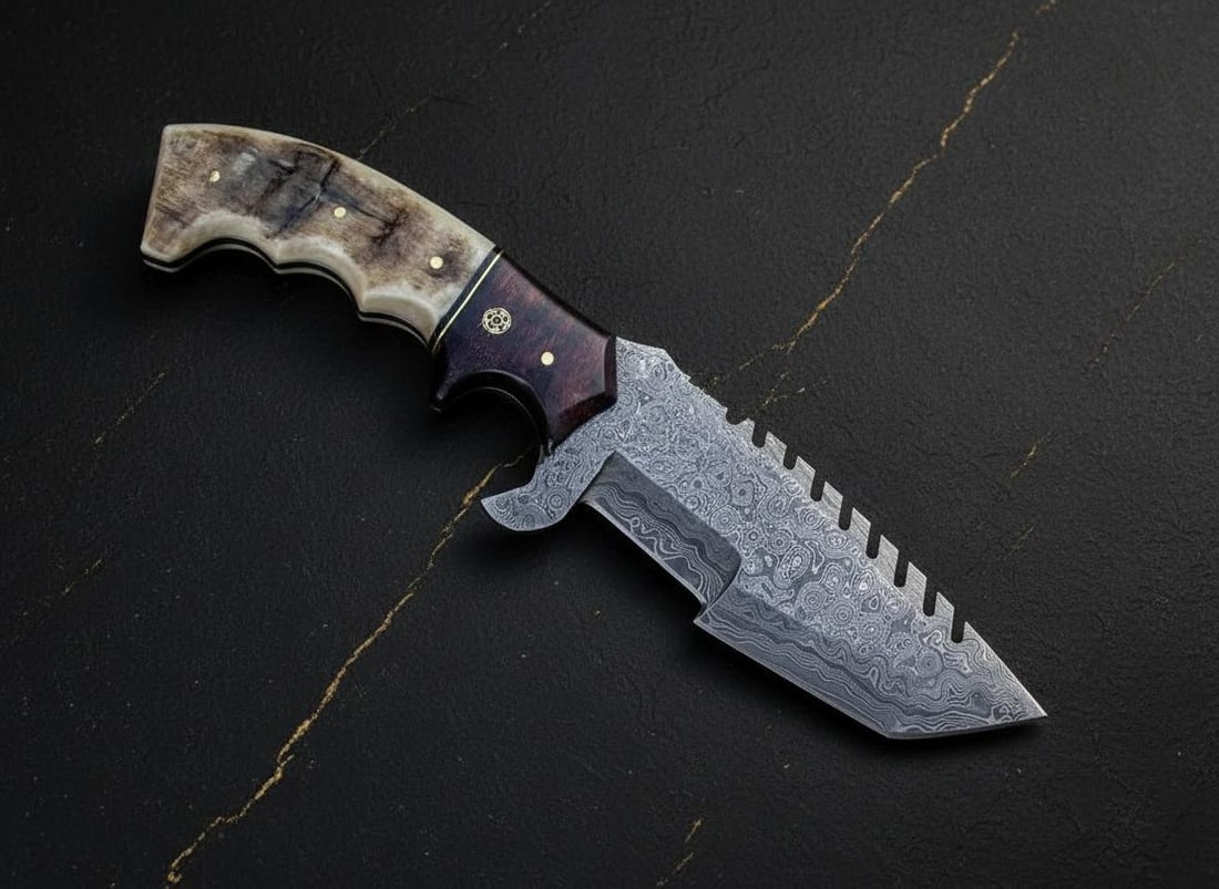 Hand Forged Tracker Knife, 10" Twist Damascus Steel Hunting Blade with Leather Sheath (1 of 4)