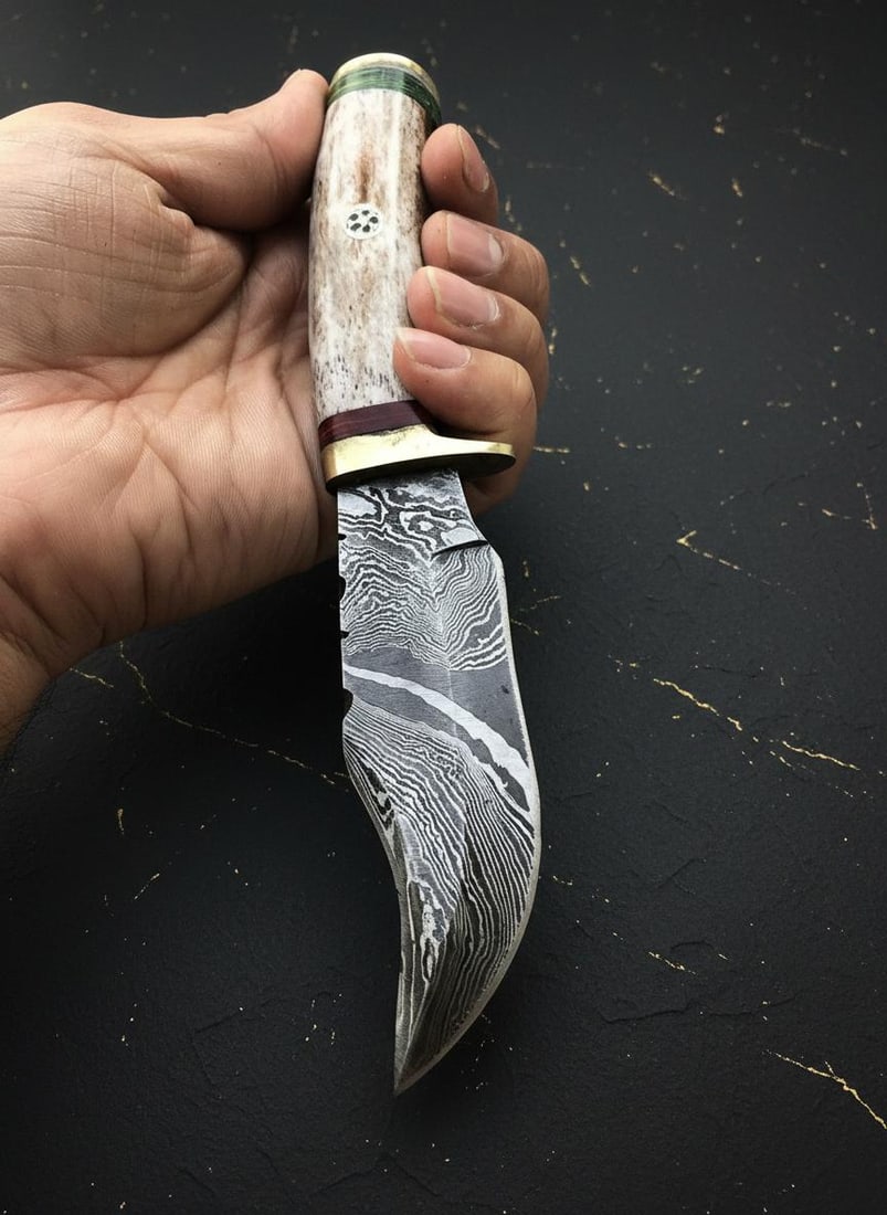 Hand Forged Damascus Steel Skinner Knife with Camel Bone Handle 8 Inch Fixed Blade - 3